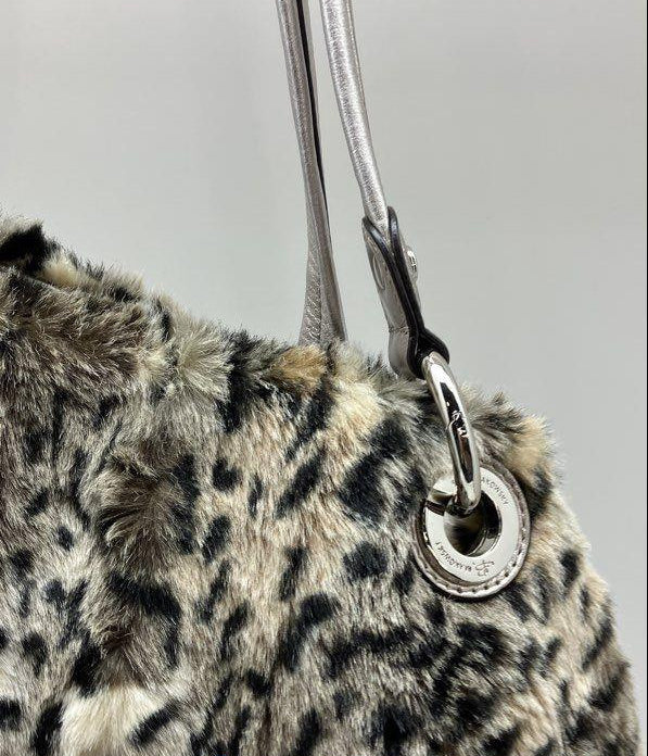 Makowsky gray, black and white leopard print faux fur bucket shoulder bag with silver-tone straps, view 6