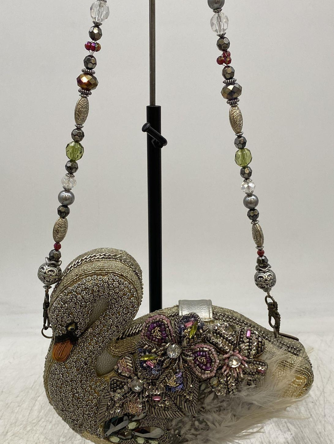 Mary Frances figural swan beaded clutch with rhinestones, floral beadwork, feather trim and beaded chain strap, view 2