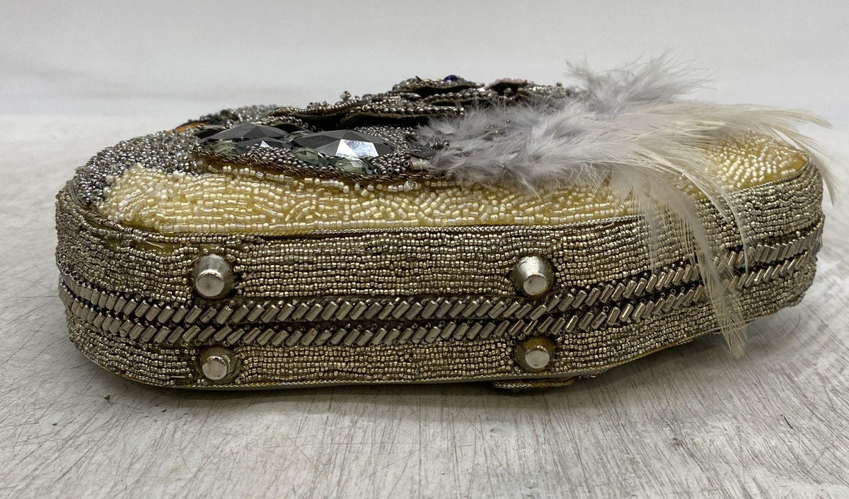 Mary Frances figural swan beaded clutch with rhinestones, floral beadwork, feather trim and beaded chain strap, view 5