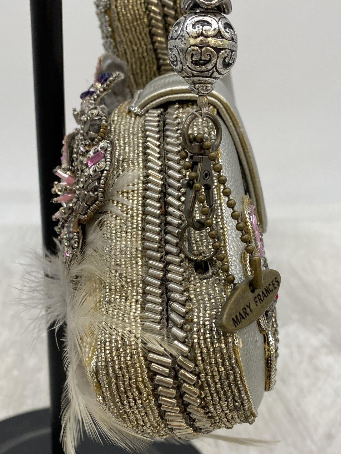 Mary Frances figural swan beaded clutch with rhinestones, floral beadwork, feather trim and beaded chain strap, view 6