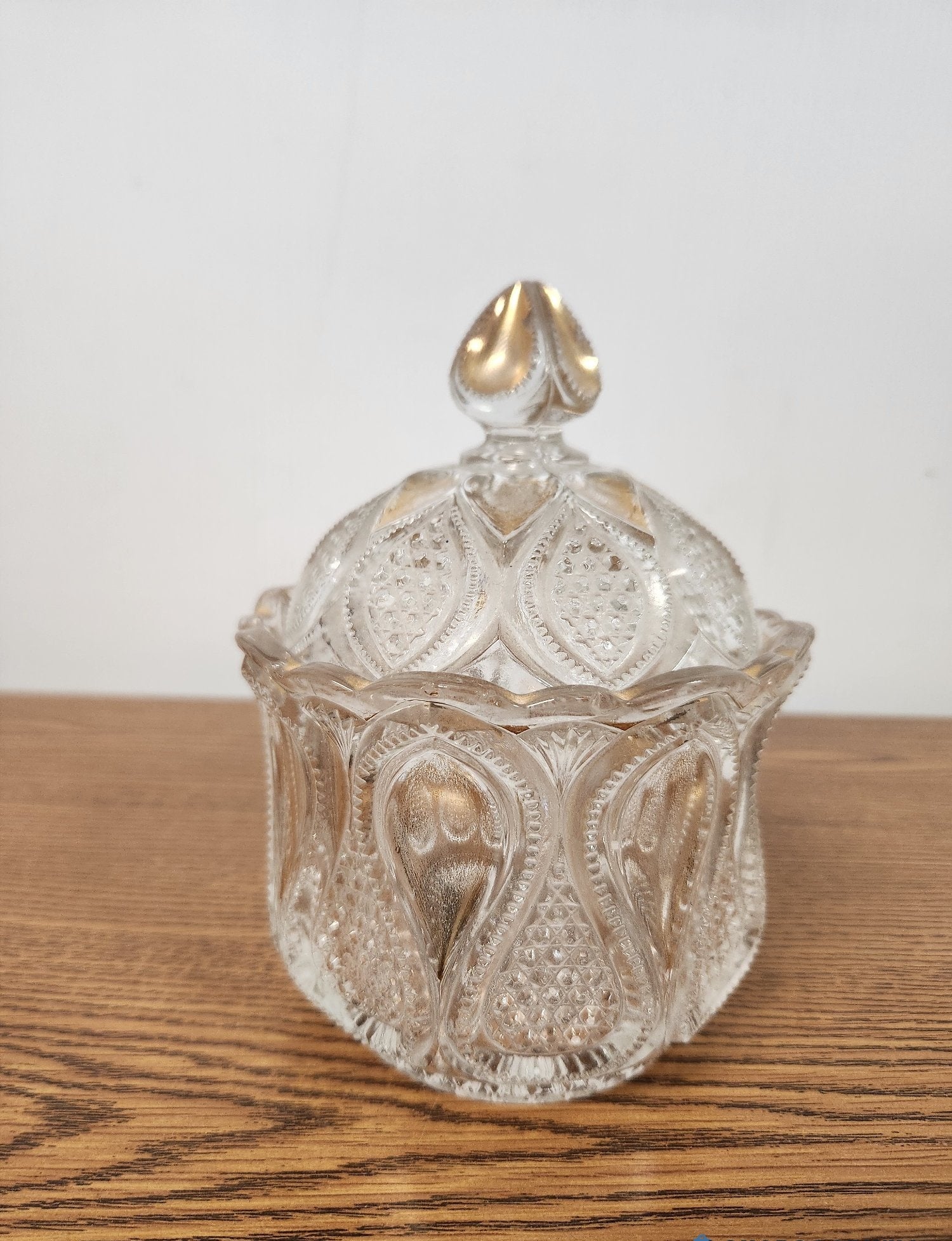 Vintage Pressed Glass Candy Dish Covered Compote Gold Gilded Accents