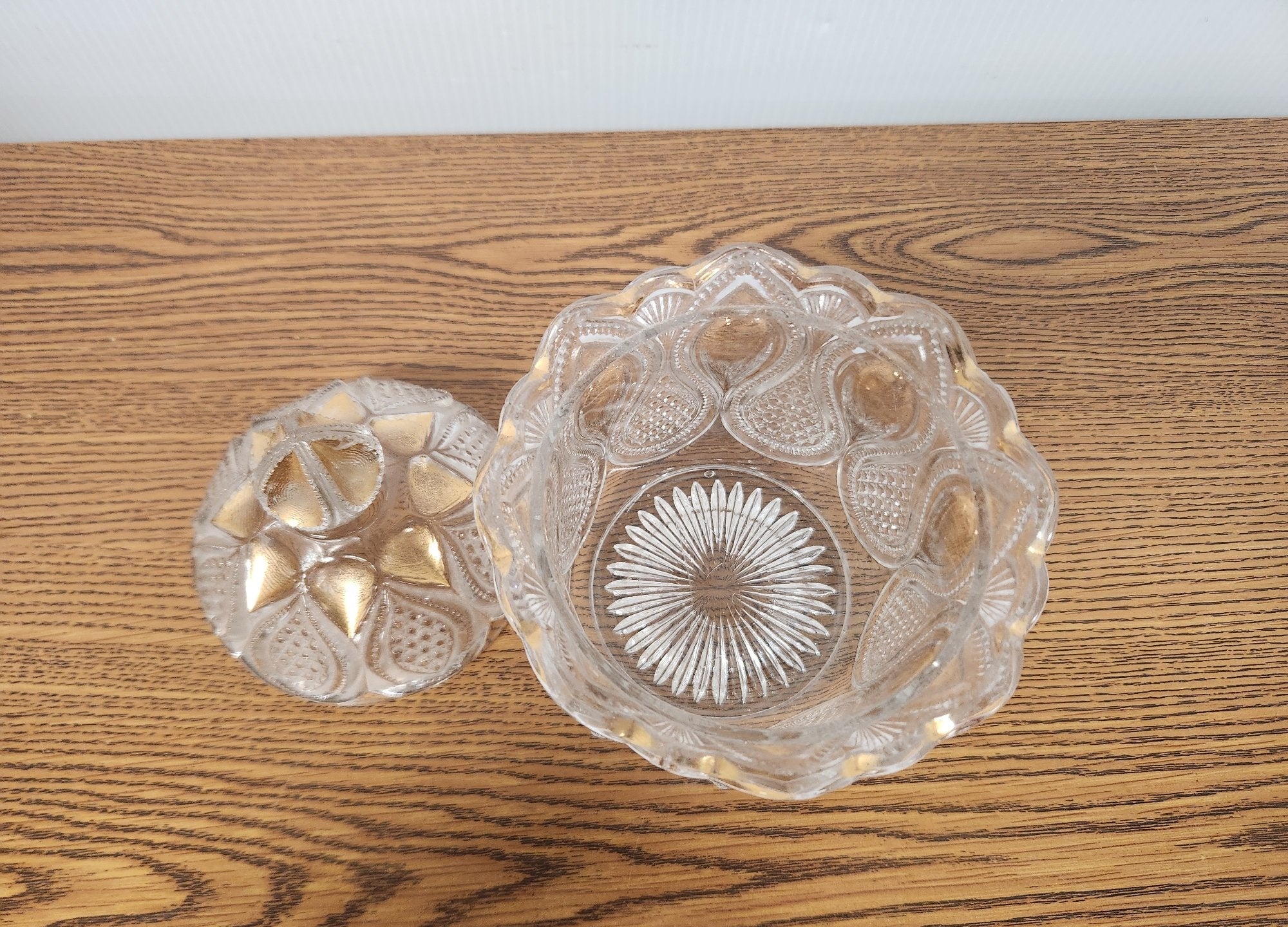 Vintage Pressed Glass Candy Dish Covered Compote Gold Gilded Accents