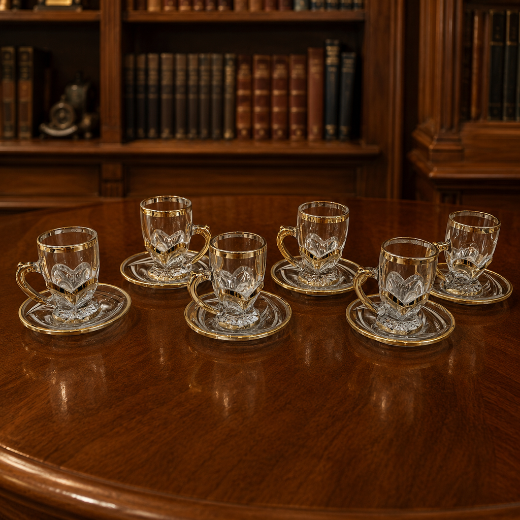 Gold Rim Cut Glass Demitasse Cups and Saucers Set of 6