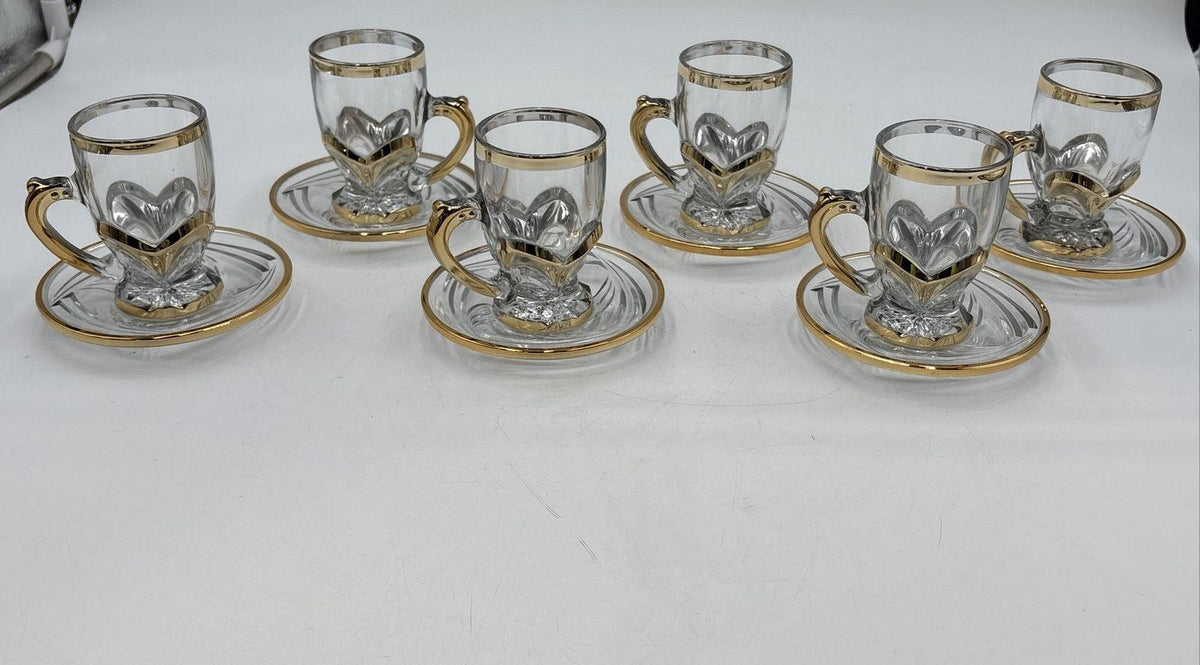 Gold Rim Cut Glass Demitasse Cups and Saucers Set of 6