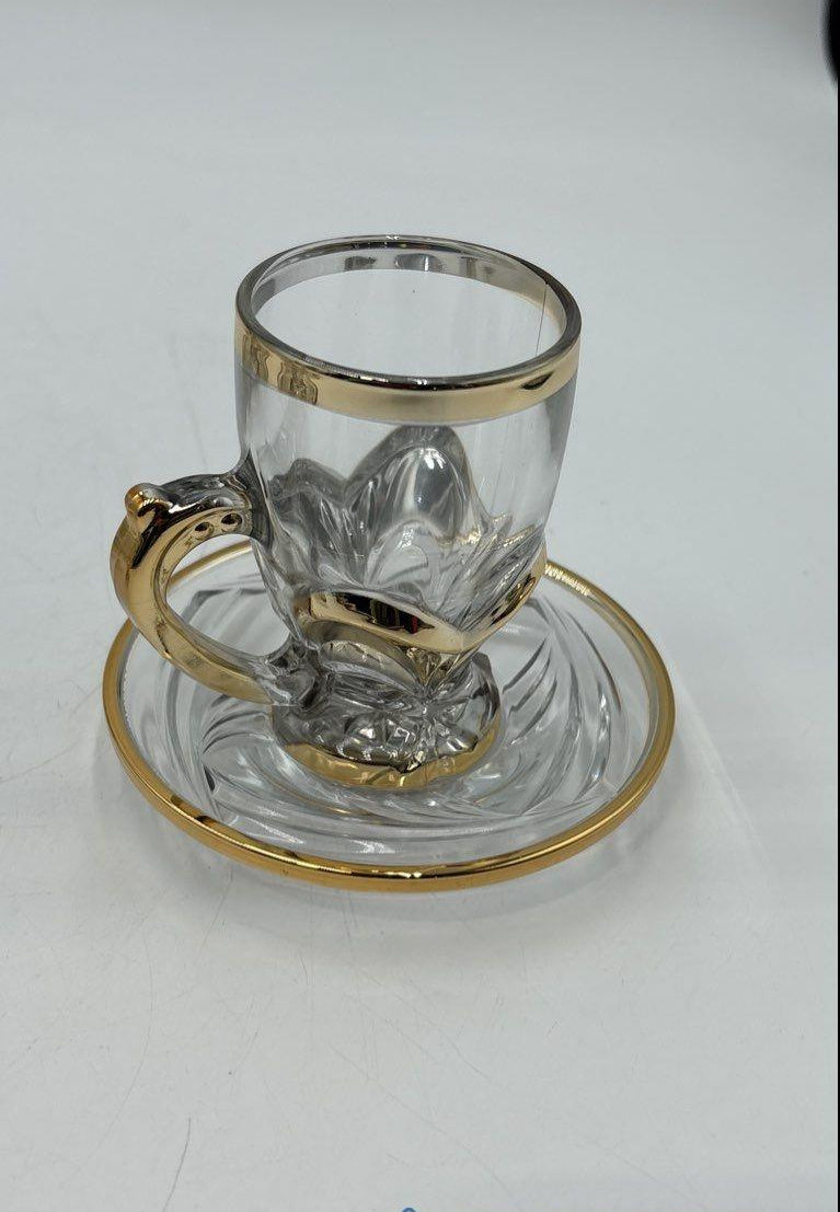 Gold Rim Cut Glass Demitasse Cups and Saucers Set of 6
