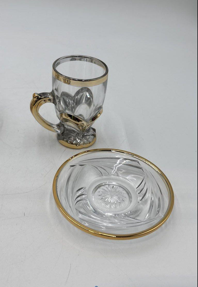 Gold Rim Cut Glass Demitasse Cups and Saucers Set of 6