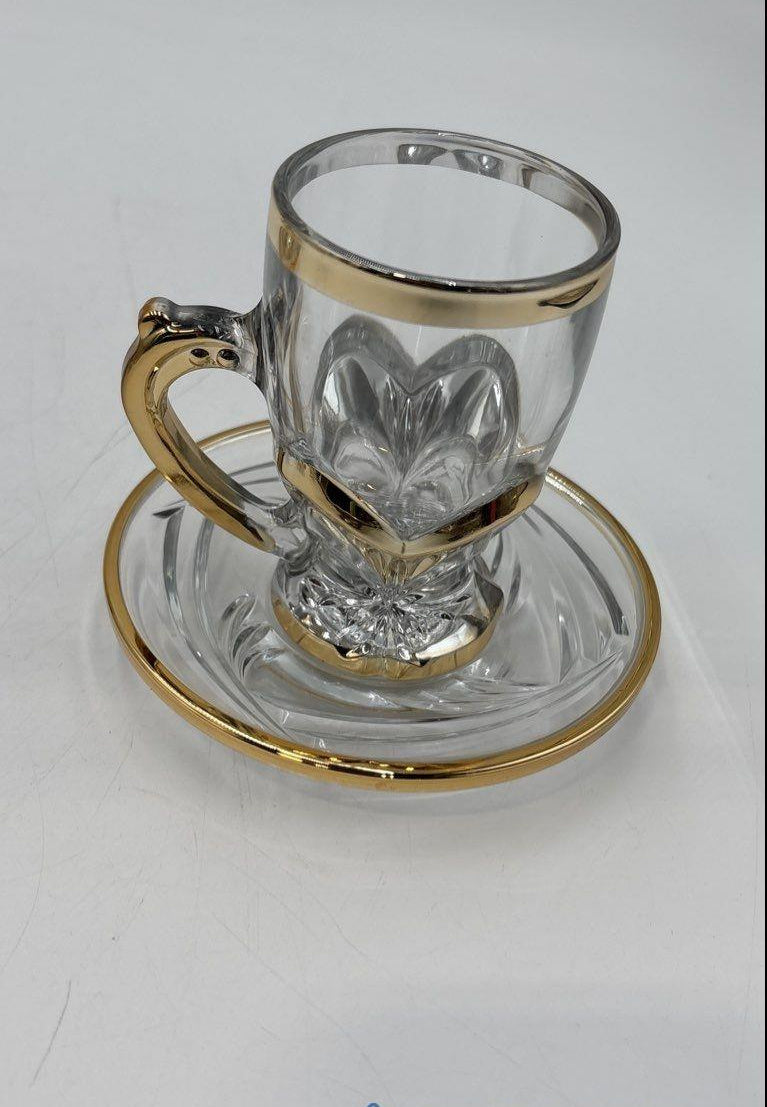 Gold Rim Cut Glass Demitasse Cups and Saucers Set of 6
