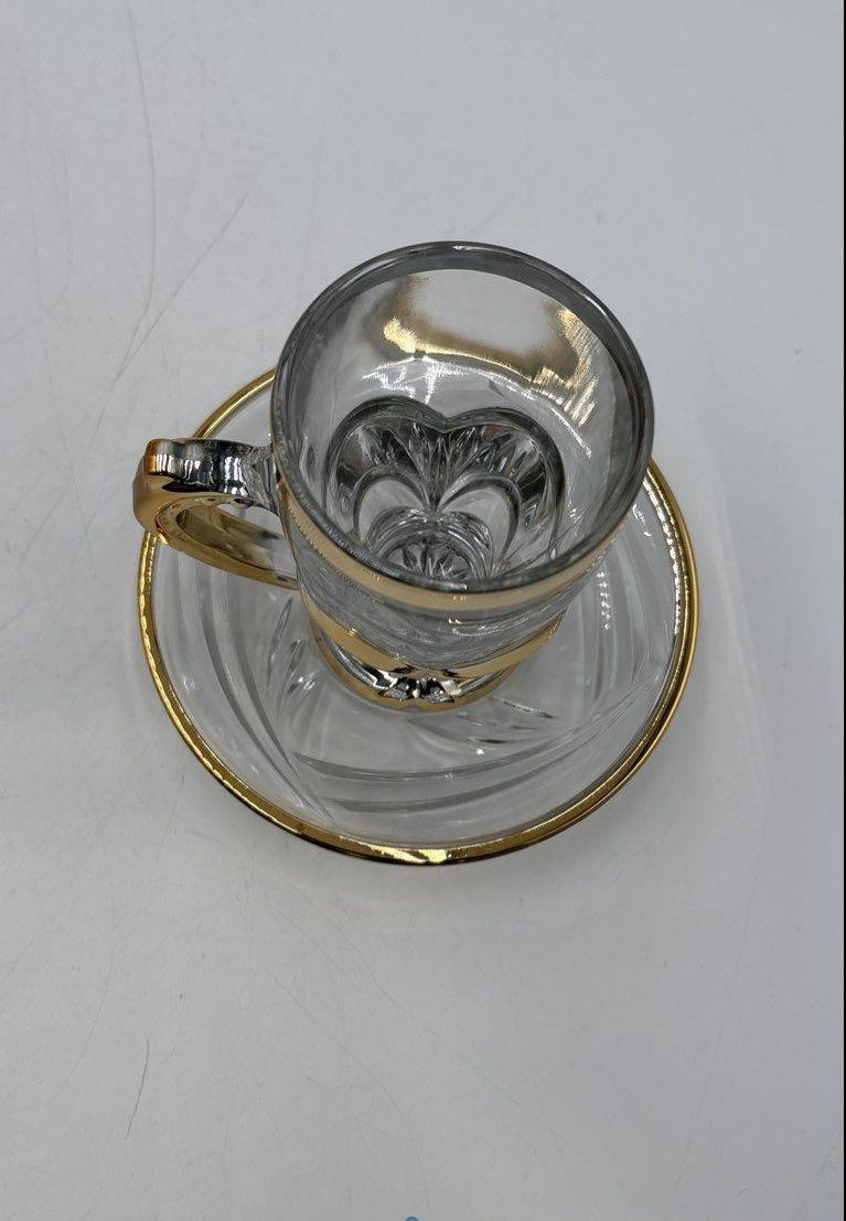 Gold Rim Cut Glass Demitasse Cups and Saucers Set of 6