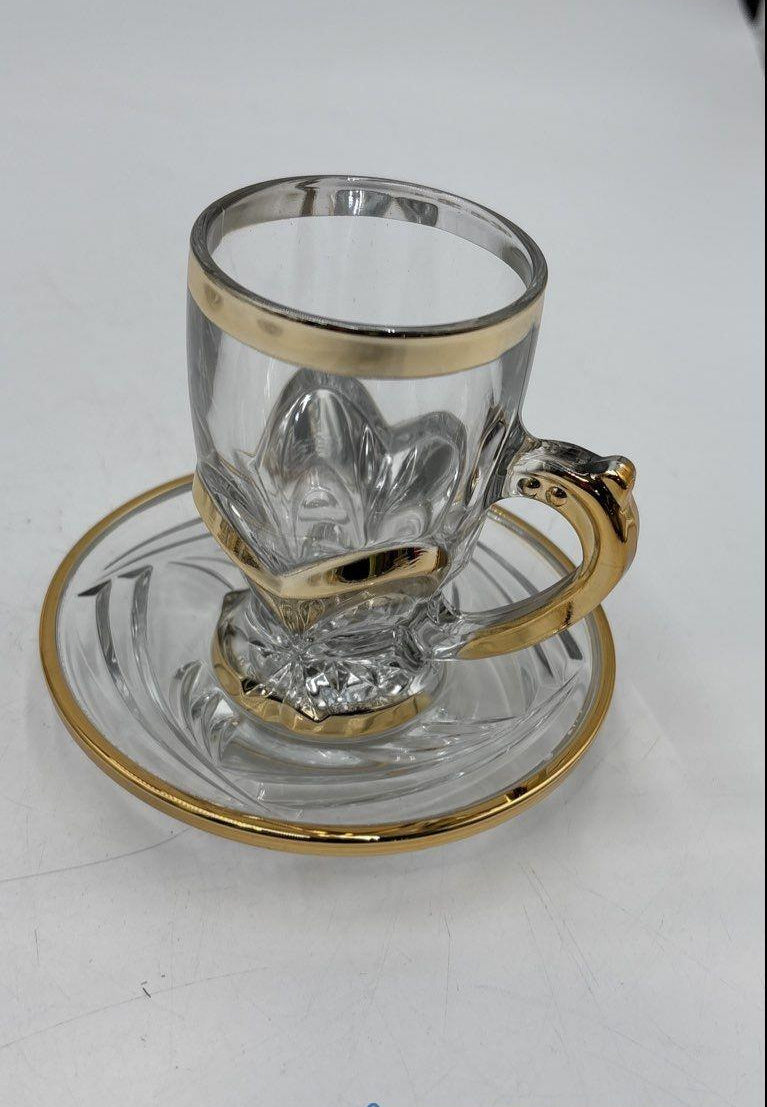 Gold Rim Cut Glass Demitasse Cups and Saucers Set of 6