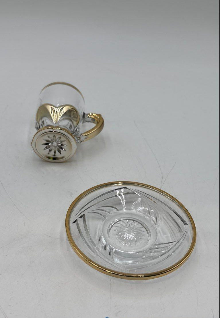 Gold Rim Cut Glass Demitasse Cups and Saucers Set of 6