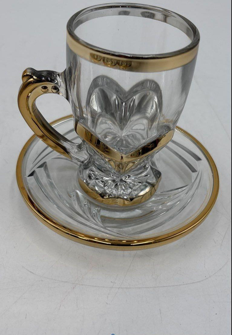 Gold Rim Cut Glass Demitasse Cups and Saucers Set of 6