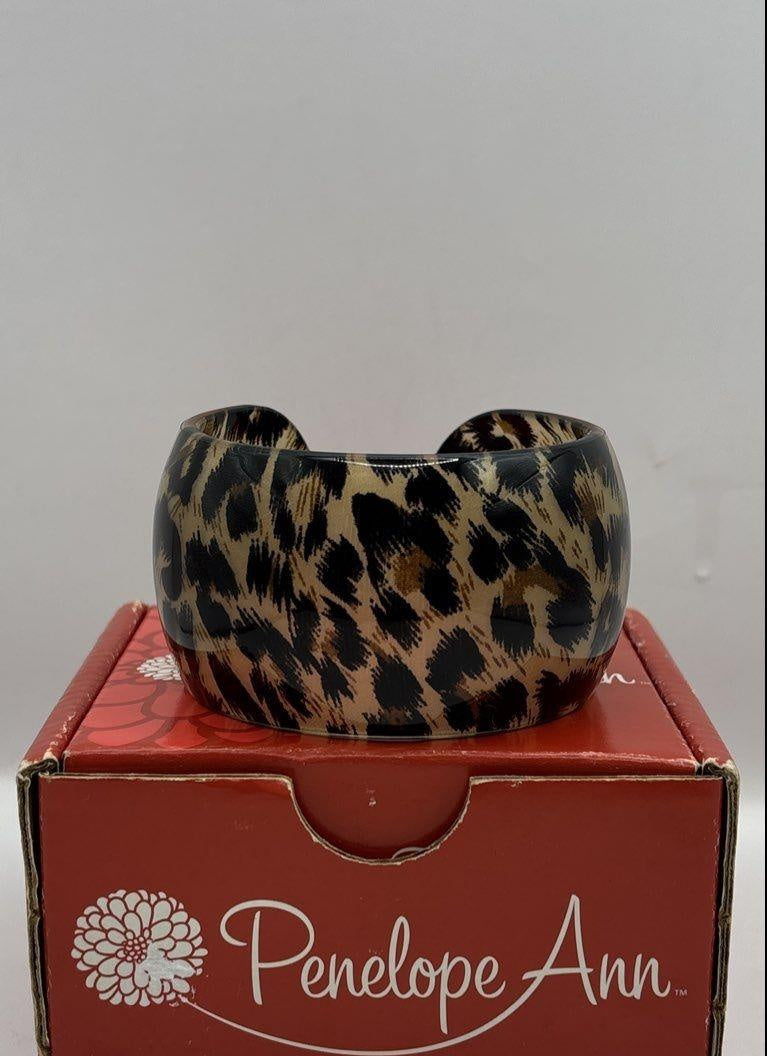 Penelope Ann Nakura Cat Leopard Print Resin Statement Cuff Bracelet 1.6" Wide
