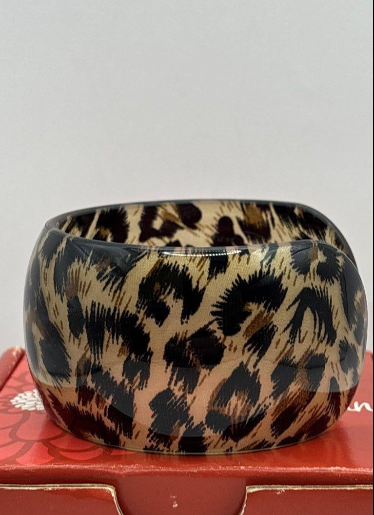 Penelope Ann Nakura Cat Leopard Print Resin Statement Cuff Bracelet 1.6" Wide