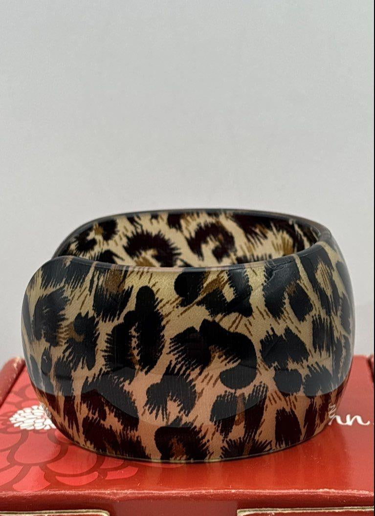 Penelope Ann Nakura Cat Leopard Print Resin Statement Cuff Bracelet 1.6" Wide