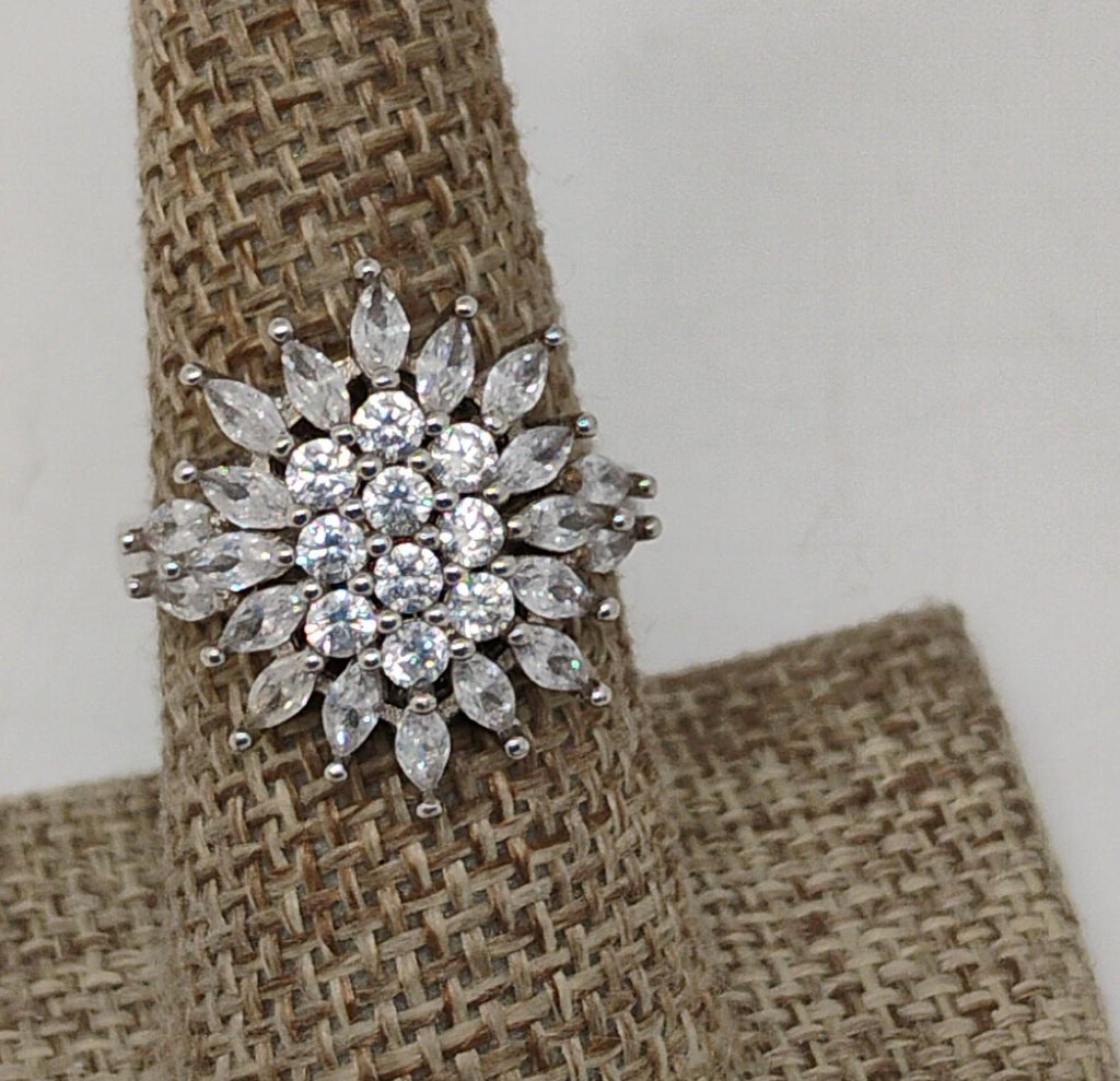 Sterling Silver 925 Snowflake Clear Stone Cluster Statement Ring Size 7.25