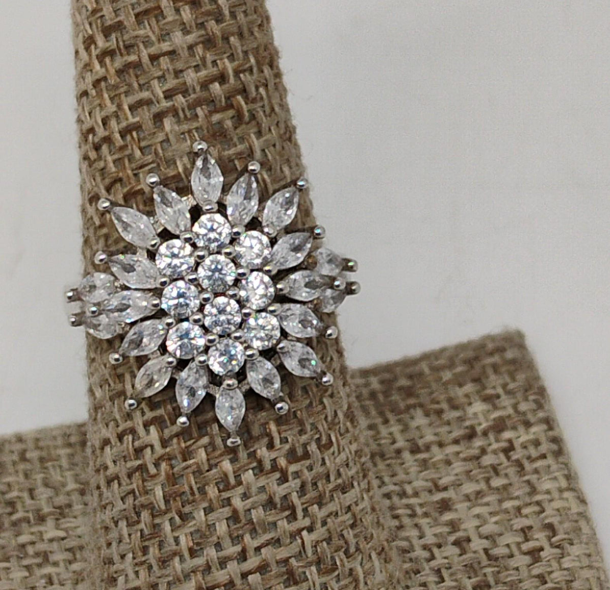 Silver snowflake cluster statement ring with clear stones, view 2