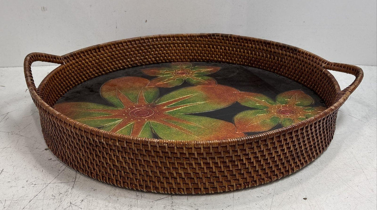 Woven Wicker Serving Tray Tropical Flower Inlay