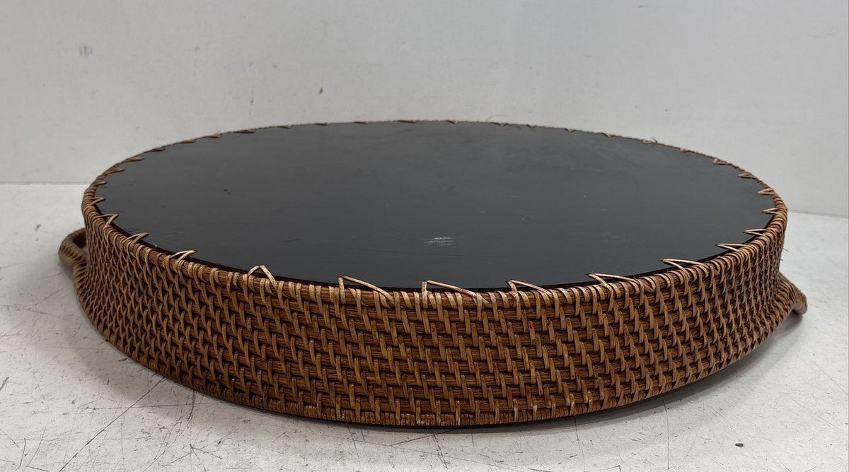 Woven Wicker Serving Tray Tropical Flower Inlay