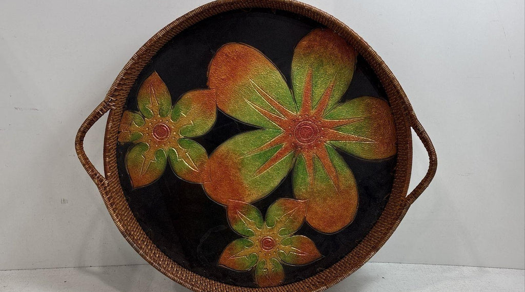 Woven Wicker Serving Tray Tropical Flower Inlay