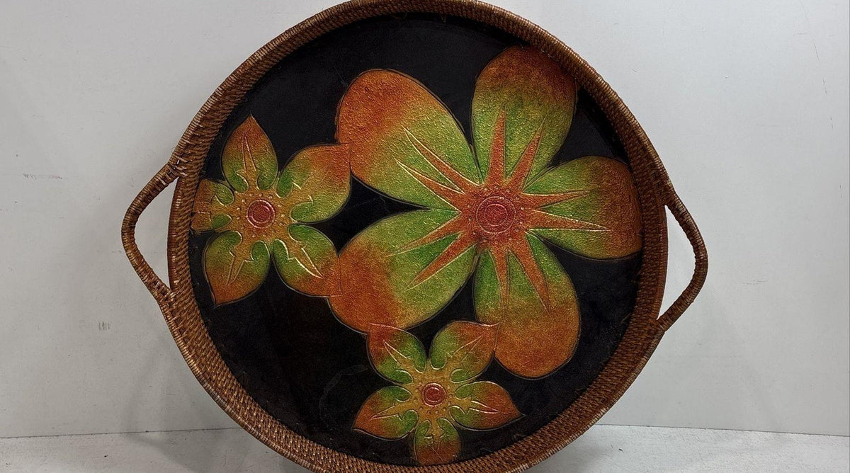 Woven Wicker Serving Tray Tropical Flower Inlay