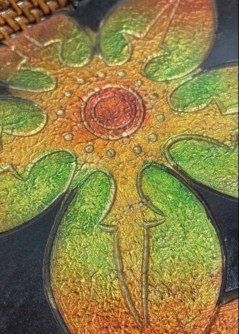 Woven Wicker Serving Tray Tropical Flower Inlay