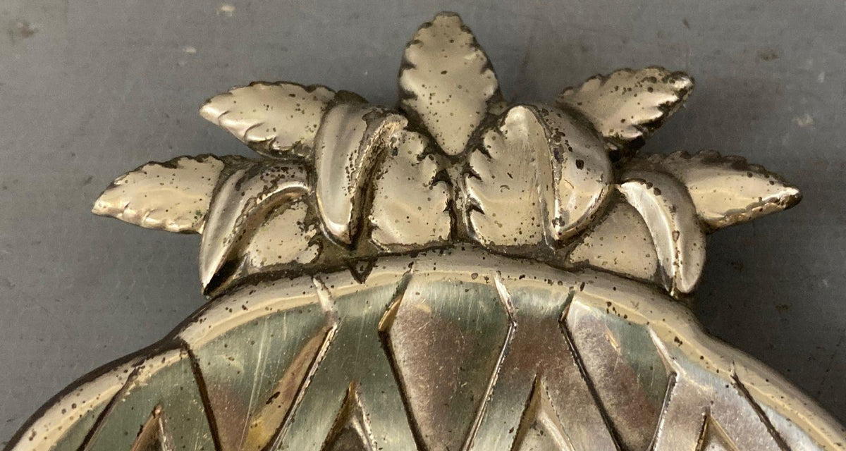 Silver-tone oval pineapple serving dish with diamond lattice well and leaf handles, view 3