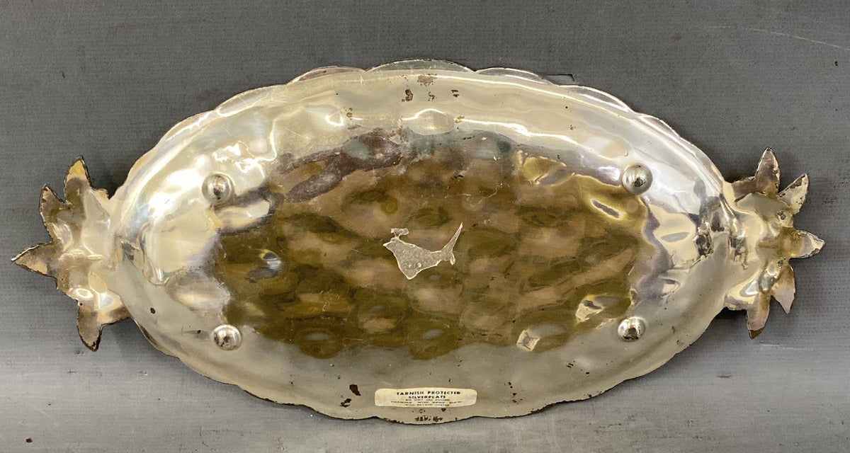 Silver-tone oval pineapple serving dish with diamond lattice well and leaf handles, view 6
