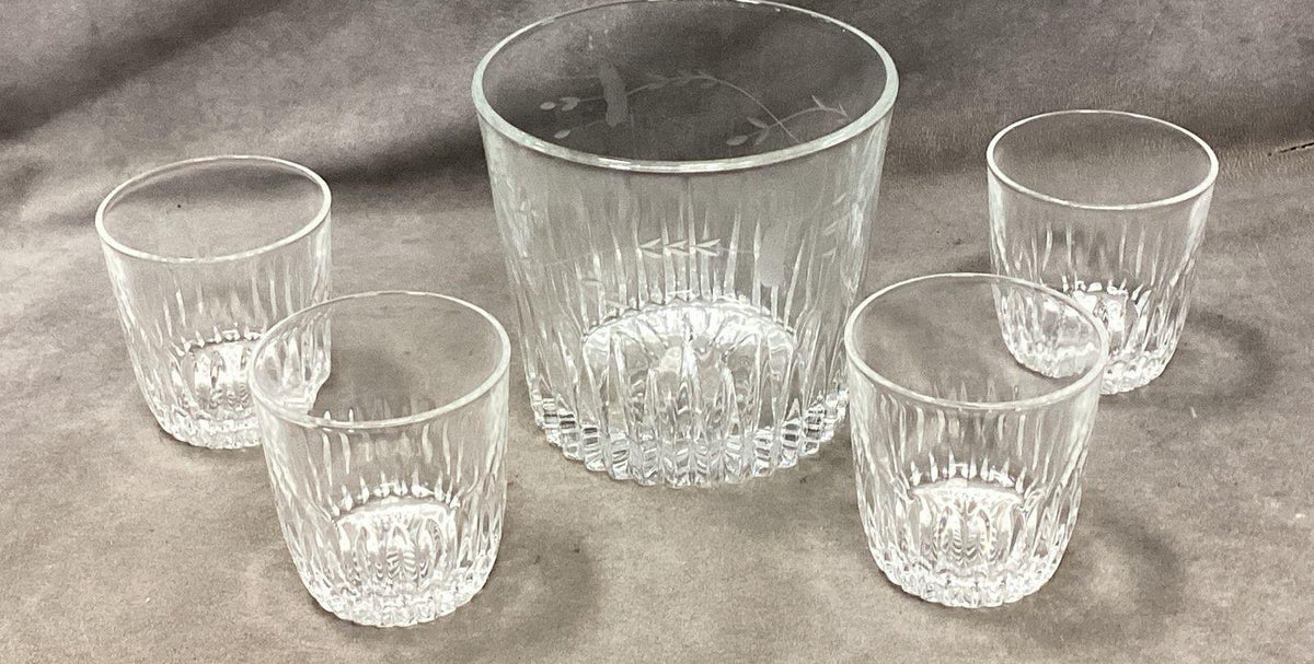 Four clear ribbed glass whiskey tumblers and matching ice bucket with etched leaves, view 2