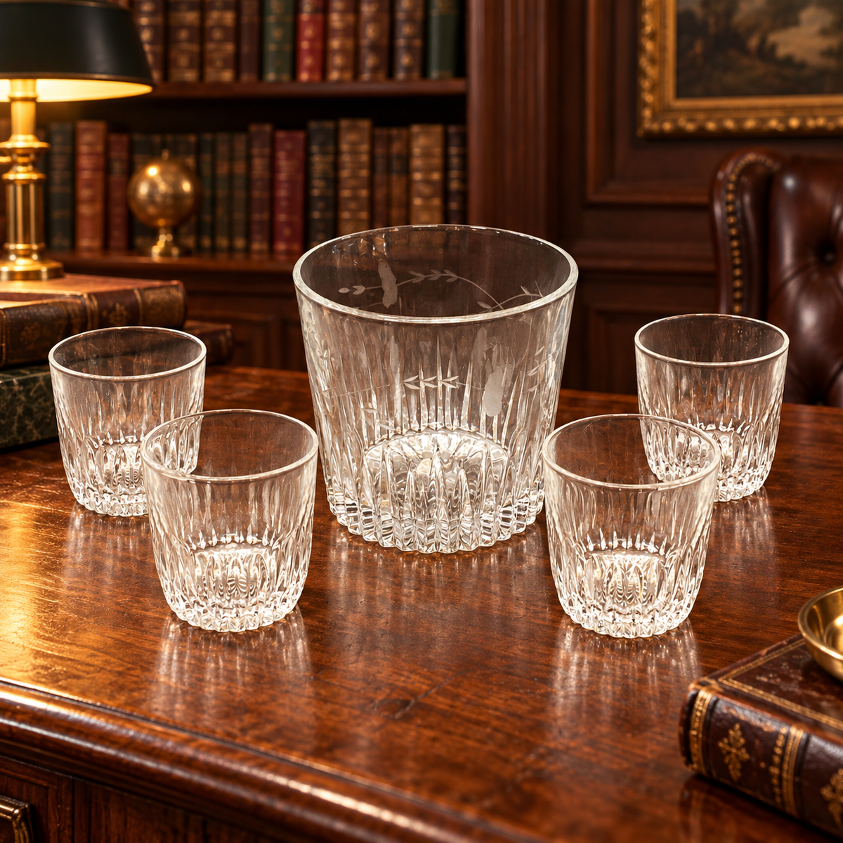 Four clear ribbed glass whiskey tumblers and matching ice bucket with etched leaves