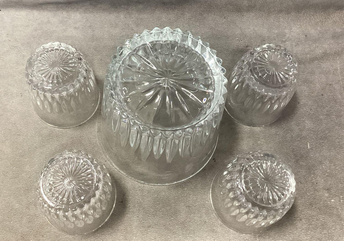 Four clear ribbed glass whiskey tumblers and matching ice bucket with etched leaves, view 4