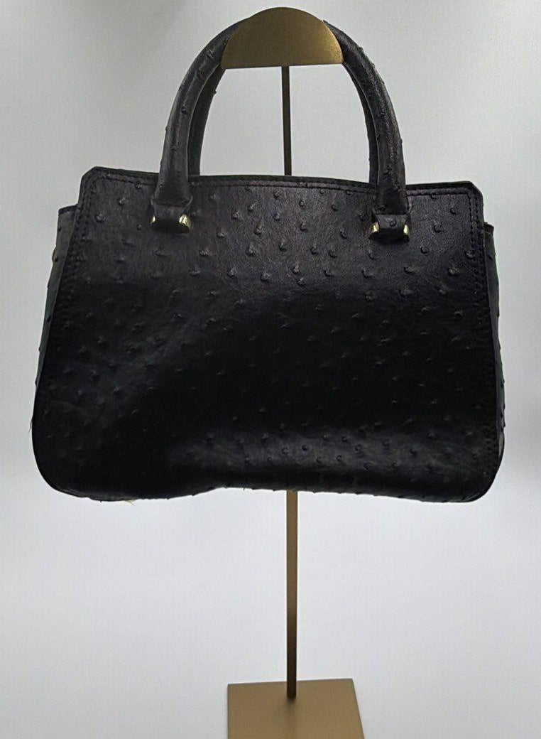 London Fog Black Faux Ostrich Satchel Handbag with Padlock