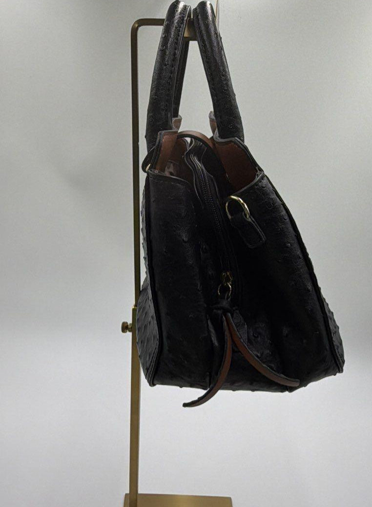 London Fog black faux ostrich satchel with gold-tone padlock and rolled handles, view 5