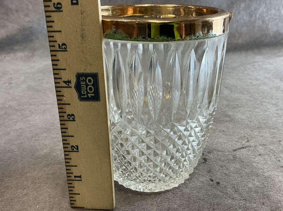 Clear diamond point pressed glass ice bucket with brass-tone rim and swing handle, view 3