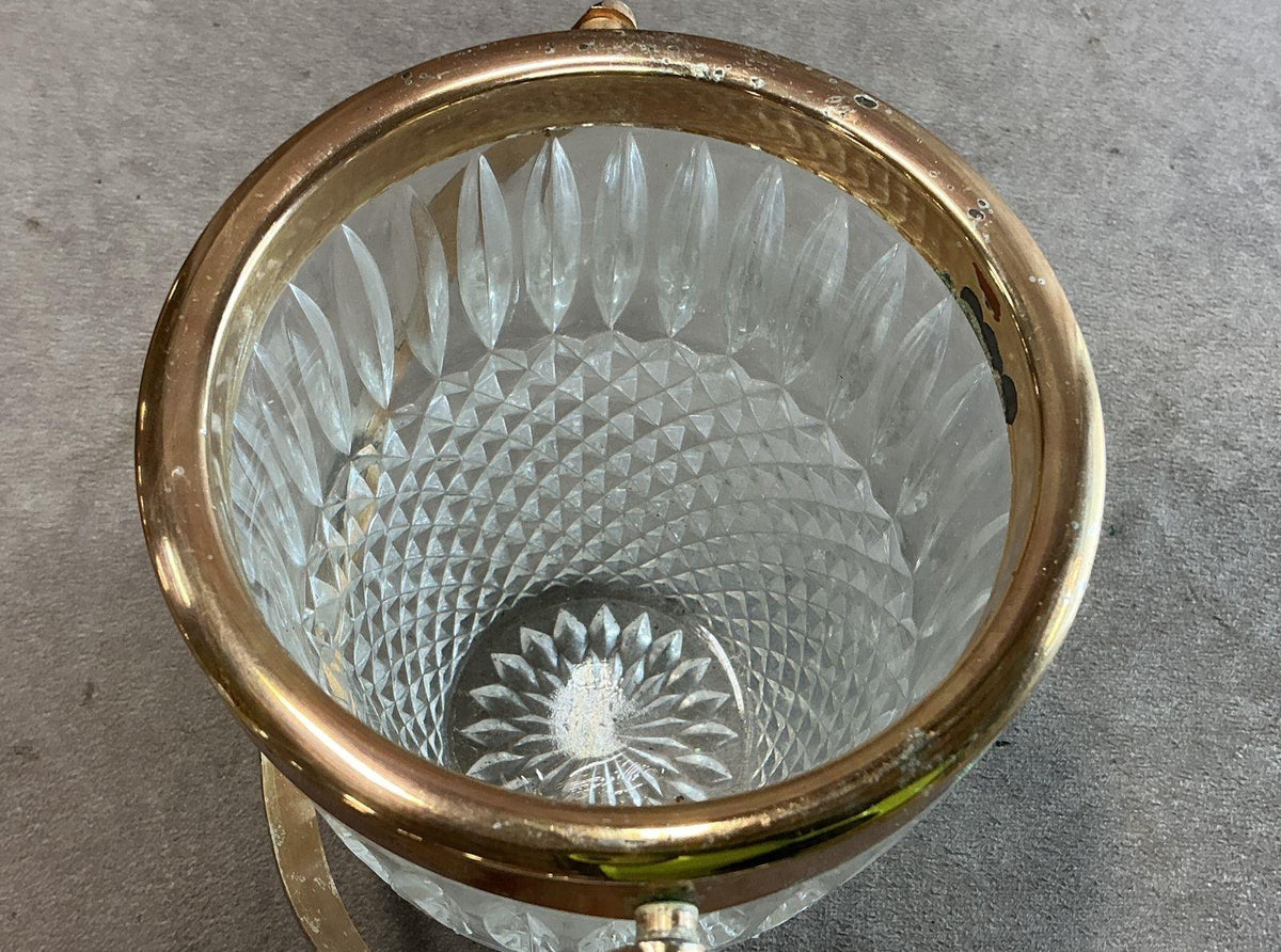 Clear diamond point pressed glass ice bucket with brass-tone rim and swing handle, view 7