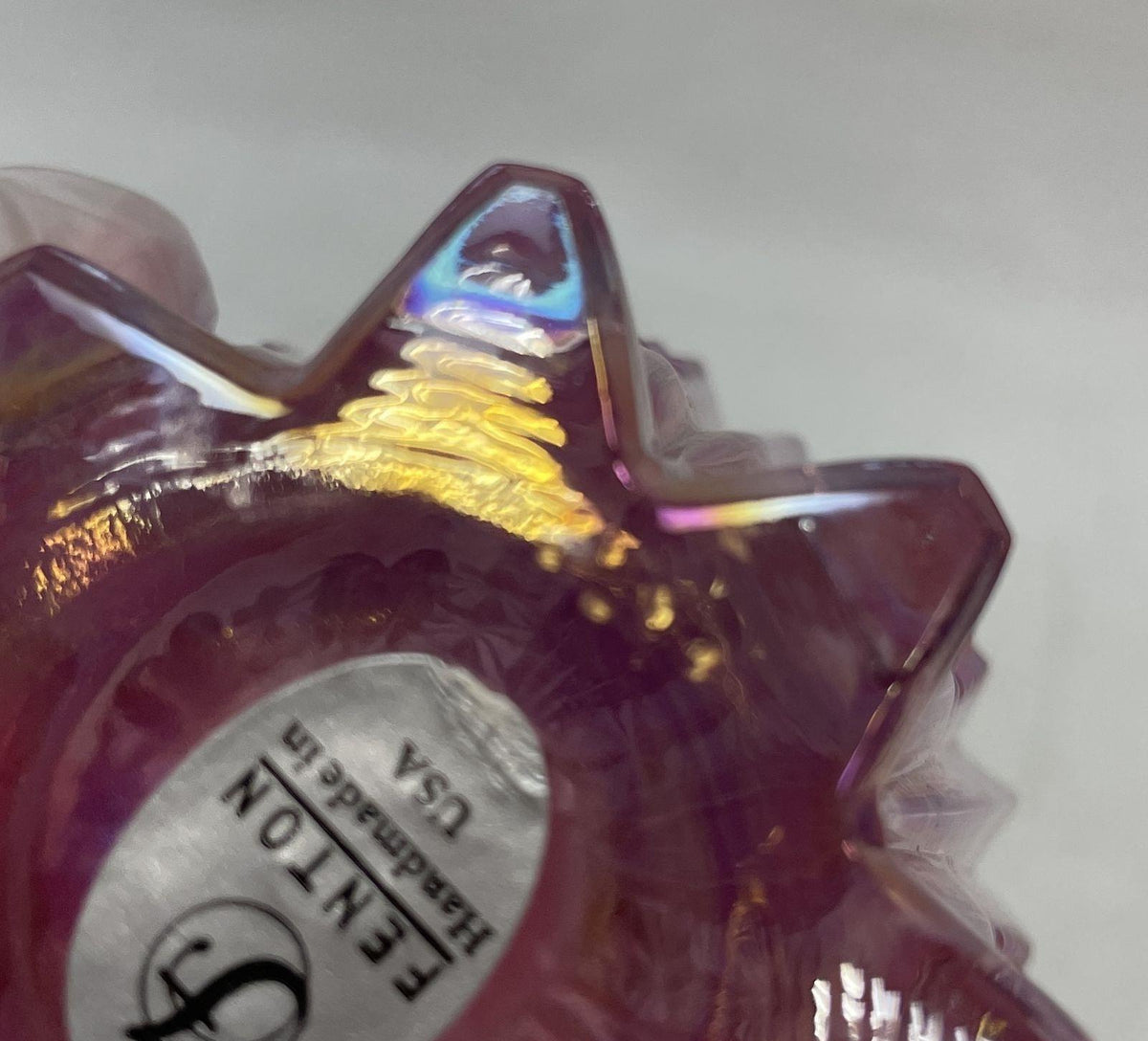 Pink iridescent carnival glass footed decanter with starburst panels and pierced oval stopper, view 9