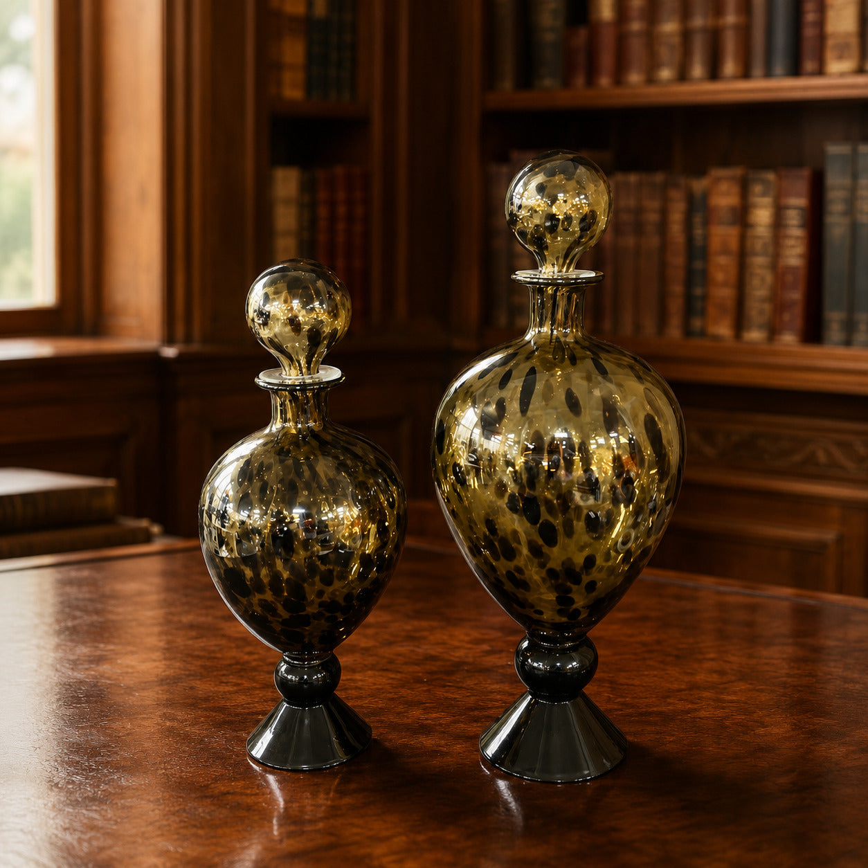 Vintage Tortoise Spot Art Glass Decanters Set of 2 Ball Stoppers