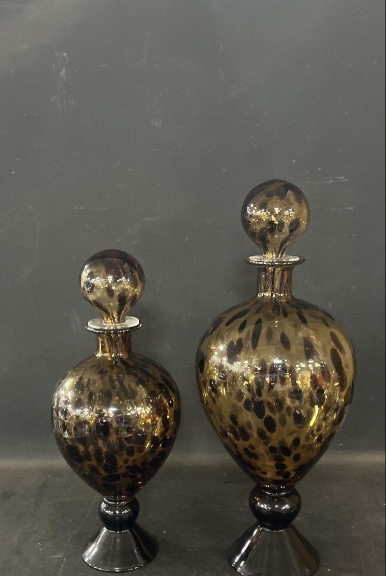 Vintage Tortoise Spot Art Glass Decanters Set of 2 Ball Stoppers