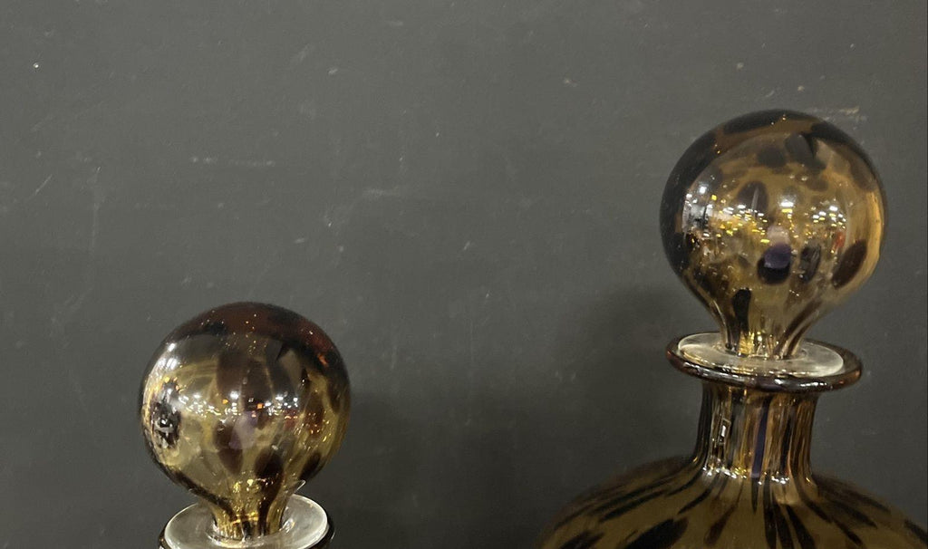 Vintage Tortoise Spot Art Glass Decanters Set of 2 Ball Stoppers