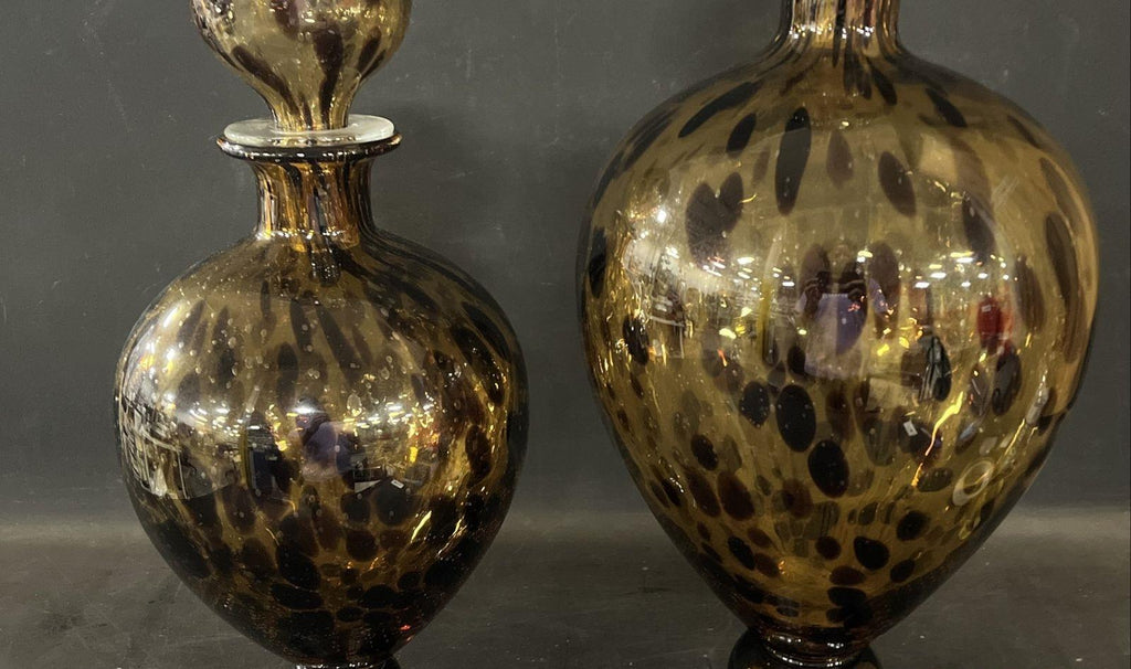 Vintage Tortoise Spot Art Glass Decanters Set of 2 Ball Stoppers