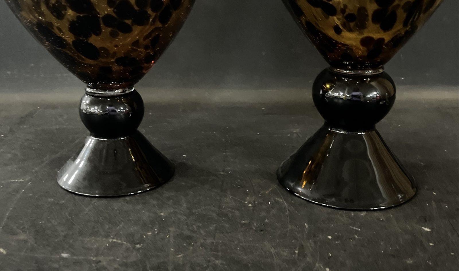 Vintage Tortoise Spot Art Glass Decanters Set of 2 Ball Stoppers