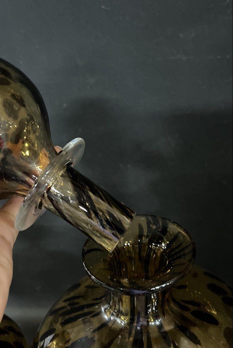 Vintage Tortoise Spot Art Glass Decanters Set of 2 Ball Stoppers