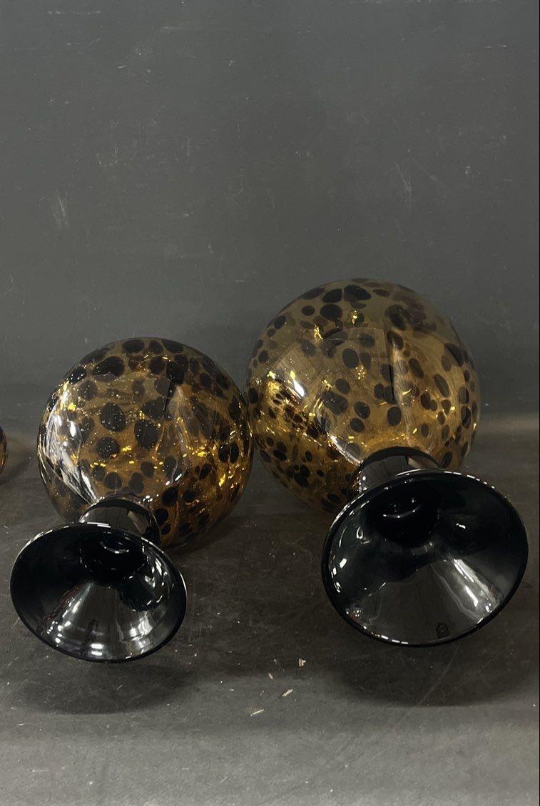 Vintage Tortoise Spot Art Glass Decanters Set of 2 Ball Stoppers