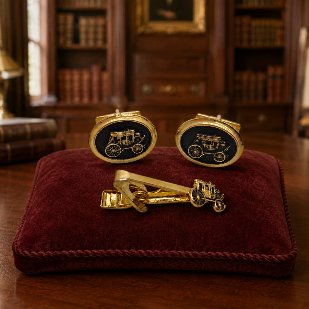(Need Hero Pics) Vintage Wells Fargo Gold-Tone Stagecoach Cufflinks Tie Clip Set Mid-Century