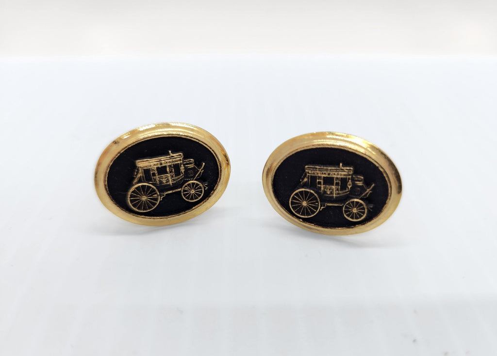 (Need Hero Pics) Vintage Wells Fargo Gold-Tone Stagecoach Cufflinks Tie Clip Set Mid-Century