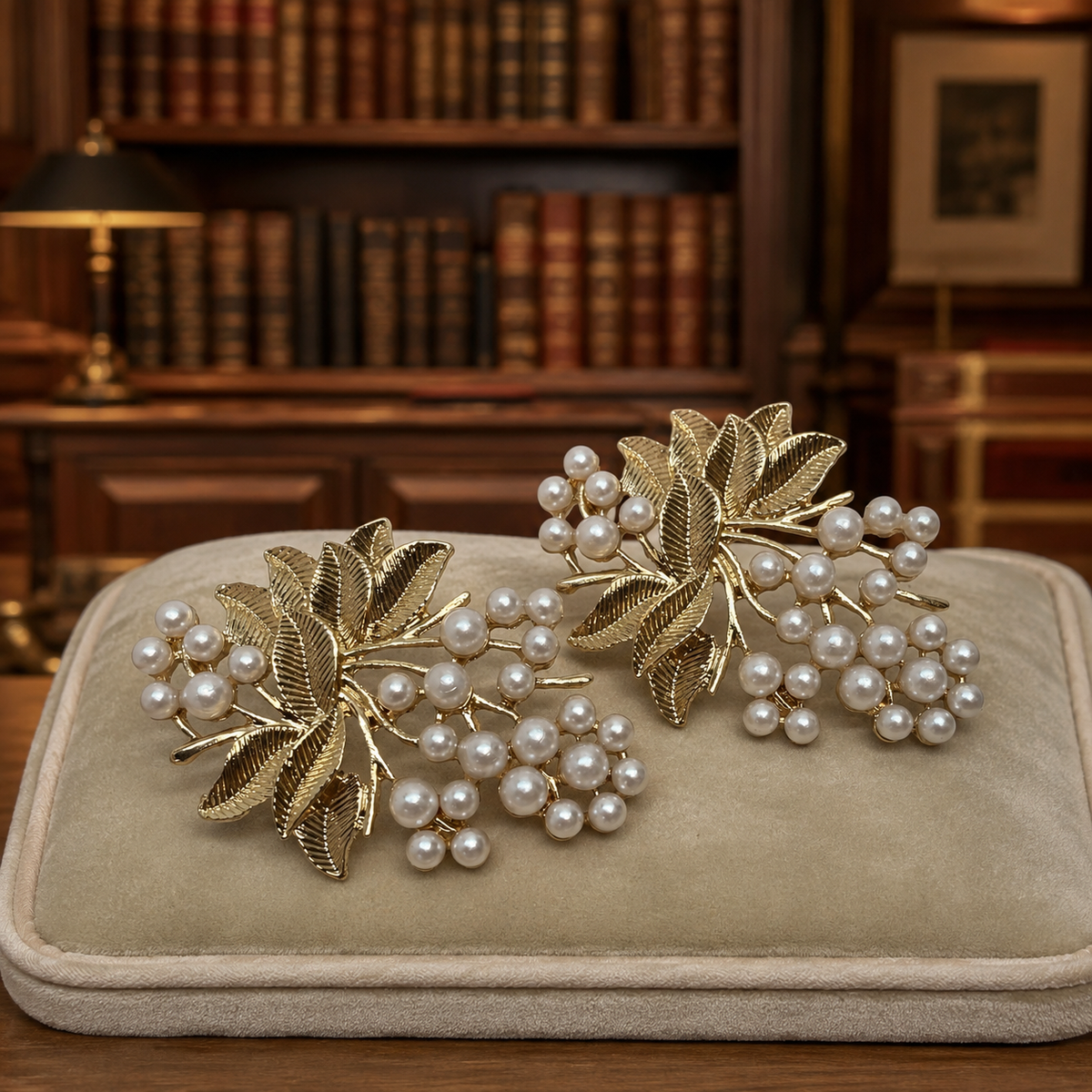 Gold Tone Faux Pearl Leaf Post-Back Statement Earrings 25.5g