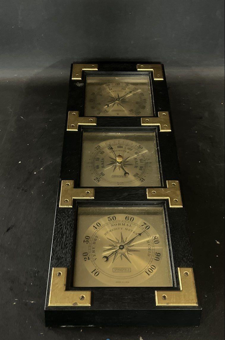 Vintage Springfield Brass Wood Weather Station Made in USA