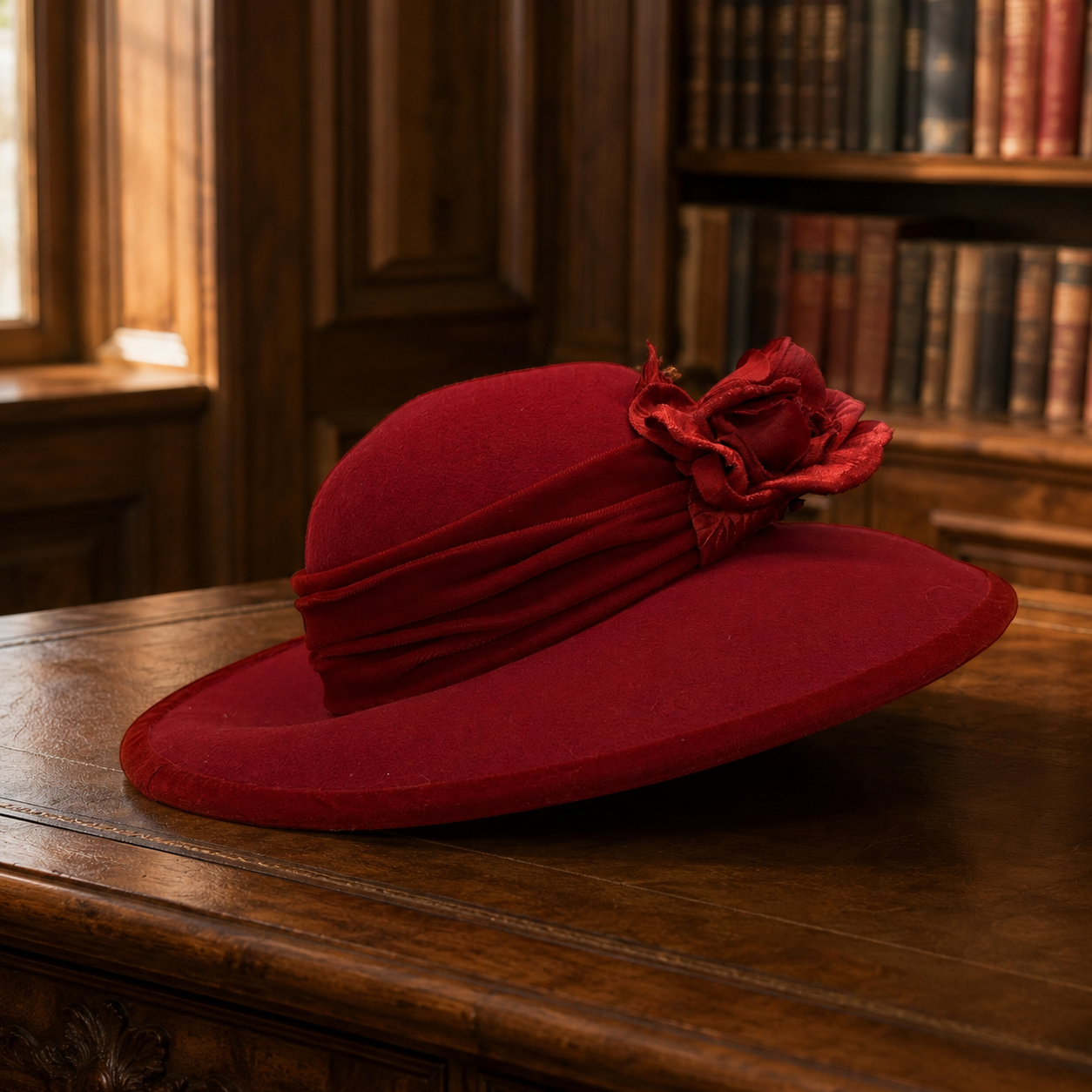 Red Hat Society Wool Wide-Brim Hat with Fabric Rose
