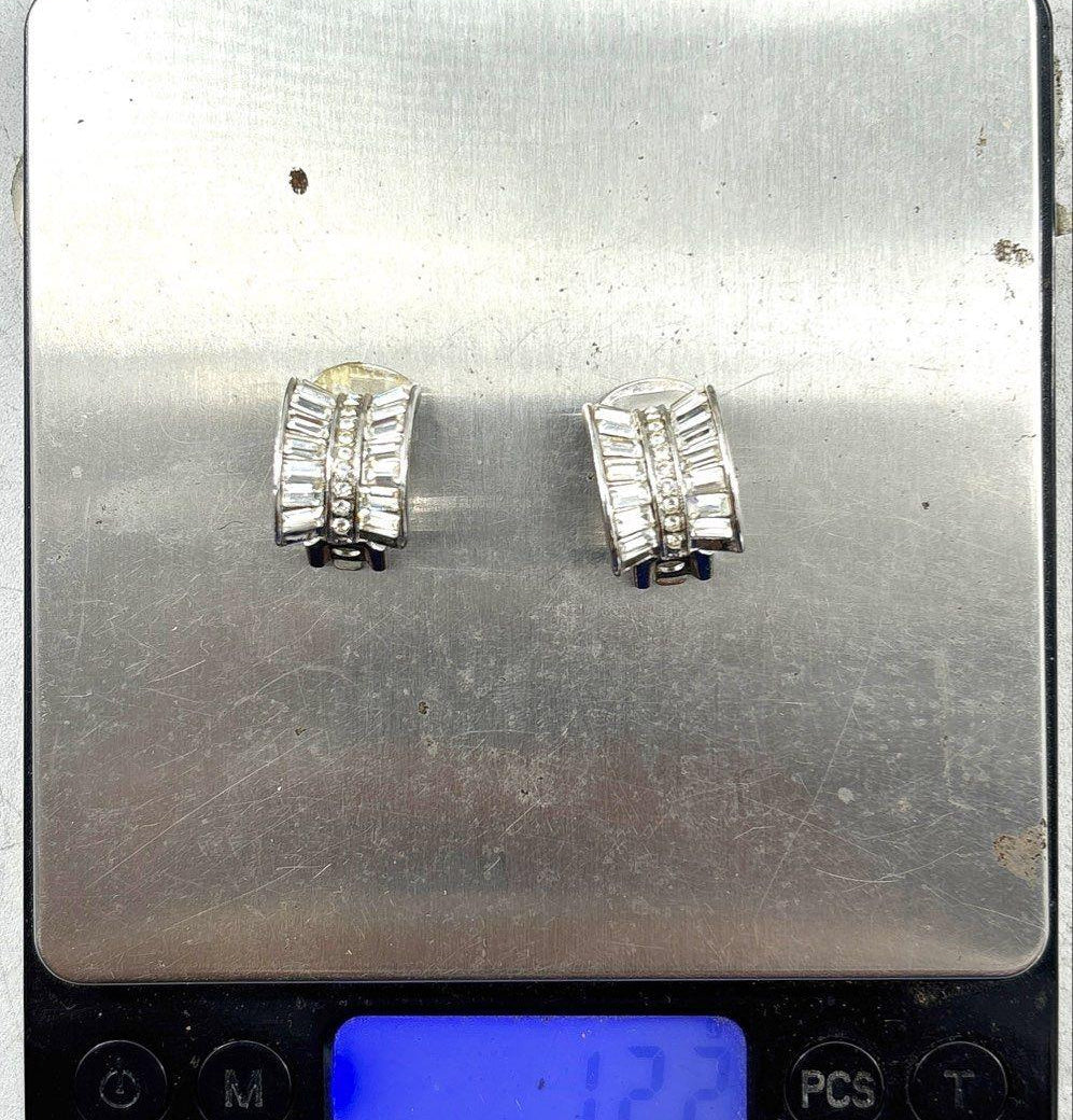 Nolan Miller silver-tone clip-on earrings with clear baguette and round rhinestones, view 5