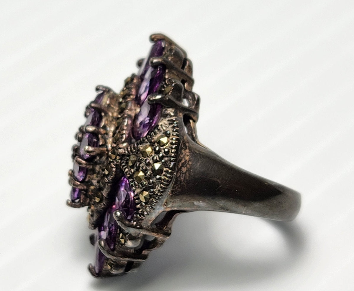 Sterling silver cocktail ring stamped 925 with purple stones and marcasite accents, view 5