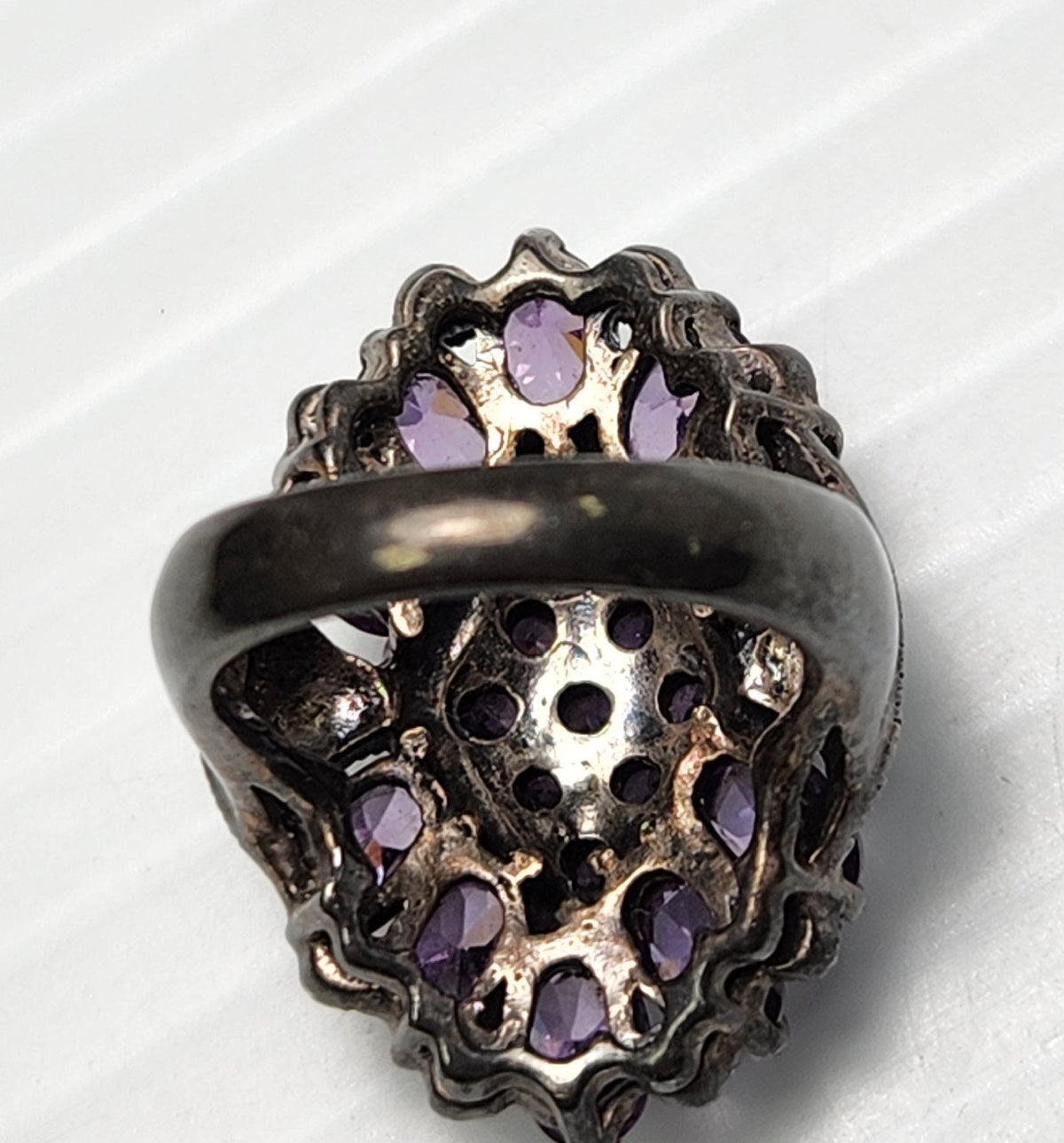 Sterling silver cocktail ring stamped 925 with purple stones and marcasite accents, view 6